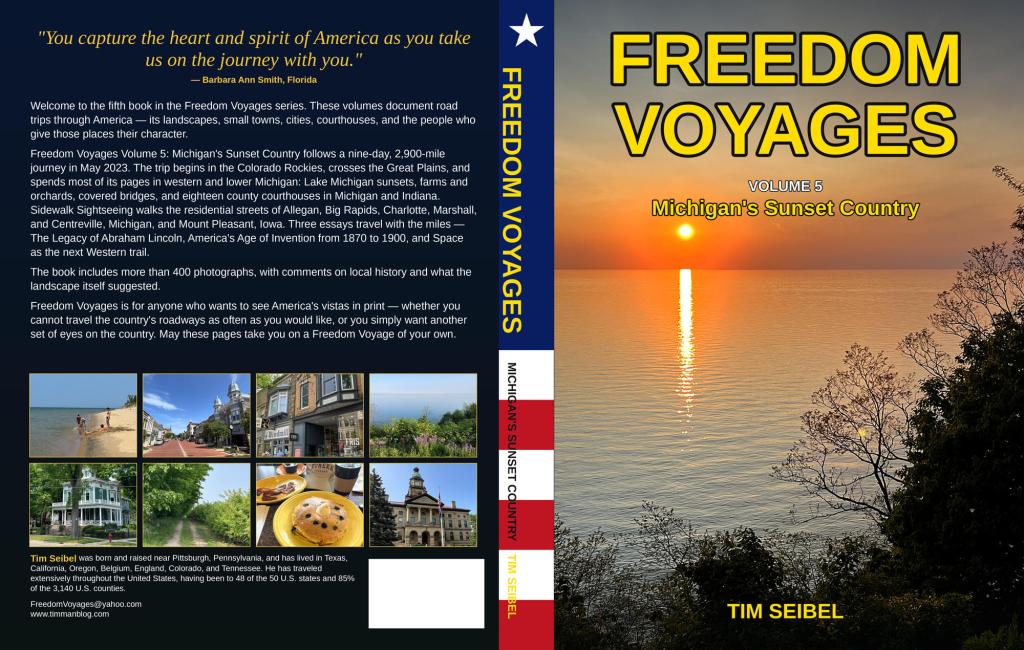 Cover of the book 'Freedom Voyages Volume 5: Michigan's Sunset Country', featuring a sunset over water, with a serene landscape and trees in the foreground.